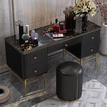 Black Makeup Vanity Table Faux Marble Dressing Table with Drawers Gold Stainless Steel